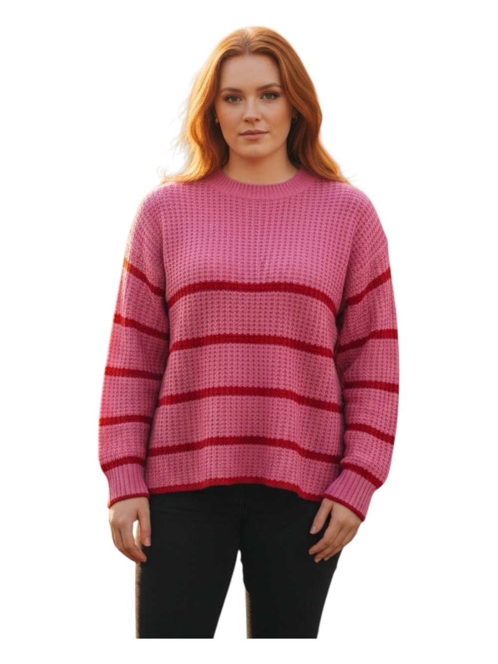 Striped Pink Plus Size 2X Crewneck Sweater with Red Accents